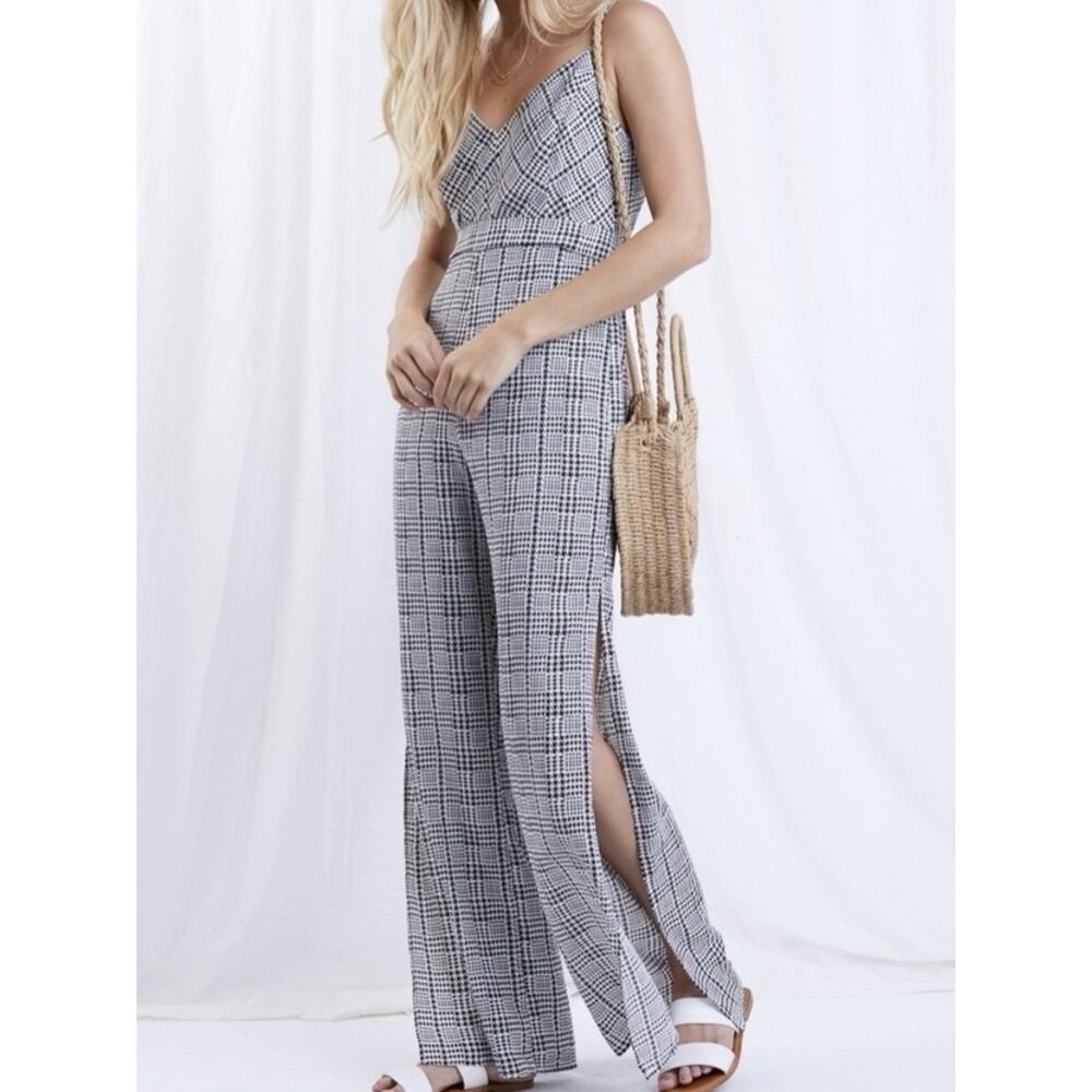 Lush Houndstooth Plaid Wide Leg Side Slit Jumpsuit Sz S Low Back